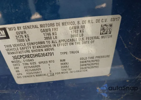 2017 Chevrolet Silverado 1500 1Lt from USA, damaged, VIN 3GCPCREC5HG364791